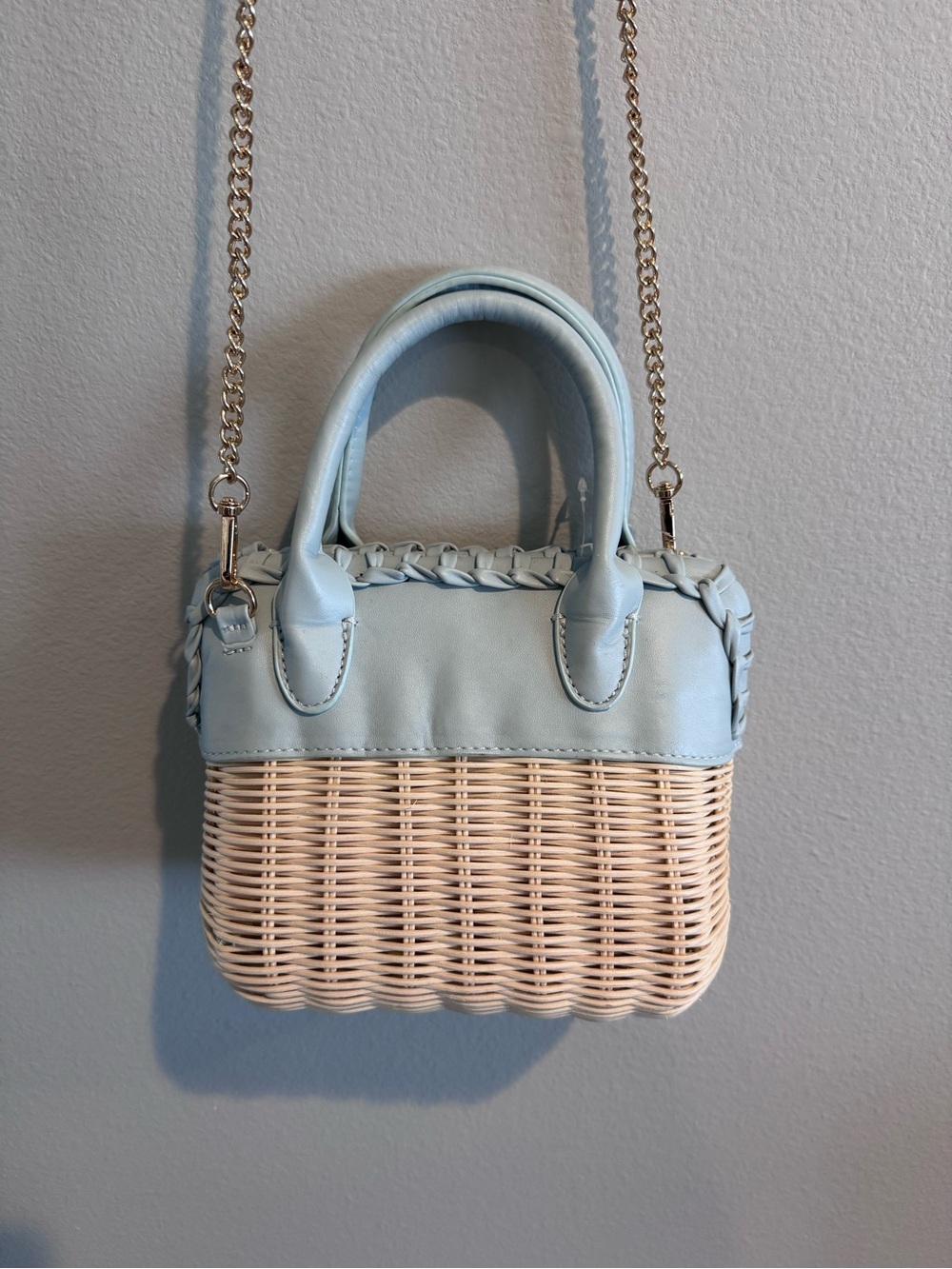 Aqua Light Blue and Natural Wicker Crossbody Tote